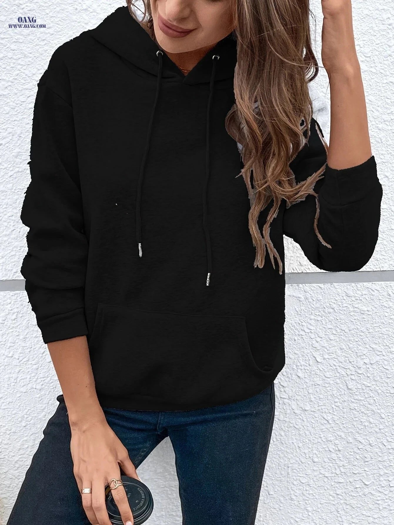 OAXG Kangaroo Pocket Hoodie - Casual Drawstring Drop Shoulder Style   OAXG Light Grey / S