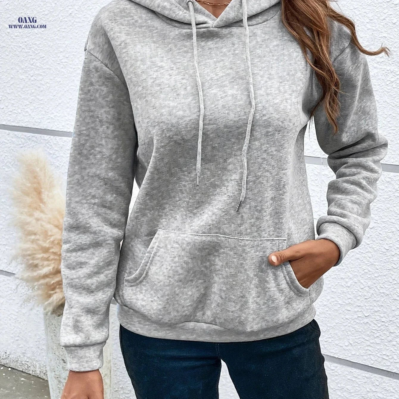 OAXG Kangaroo Pocket Hoodie - Casual Drawstring Drop Shoulder Style   OAXG Light Grey / S