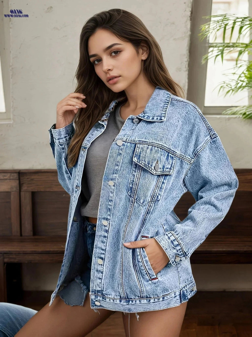 OAXG Korean Style Women's Denim Jacket - Casual Loose Fit Outerwear   OAXG 