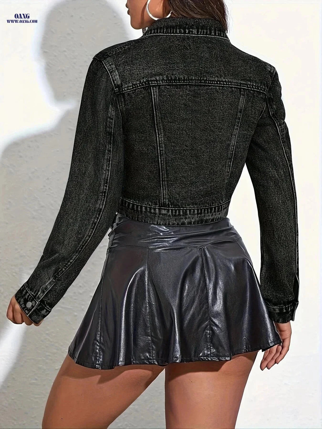 OAXG Ladies' Black Denim Jacket - Retro Slim Fit for Spring/Fall   OAXG 
