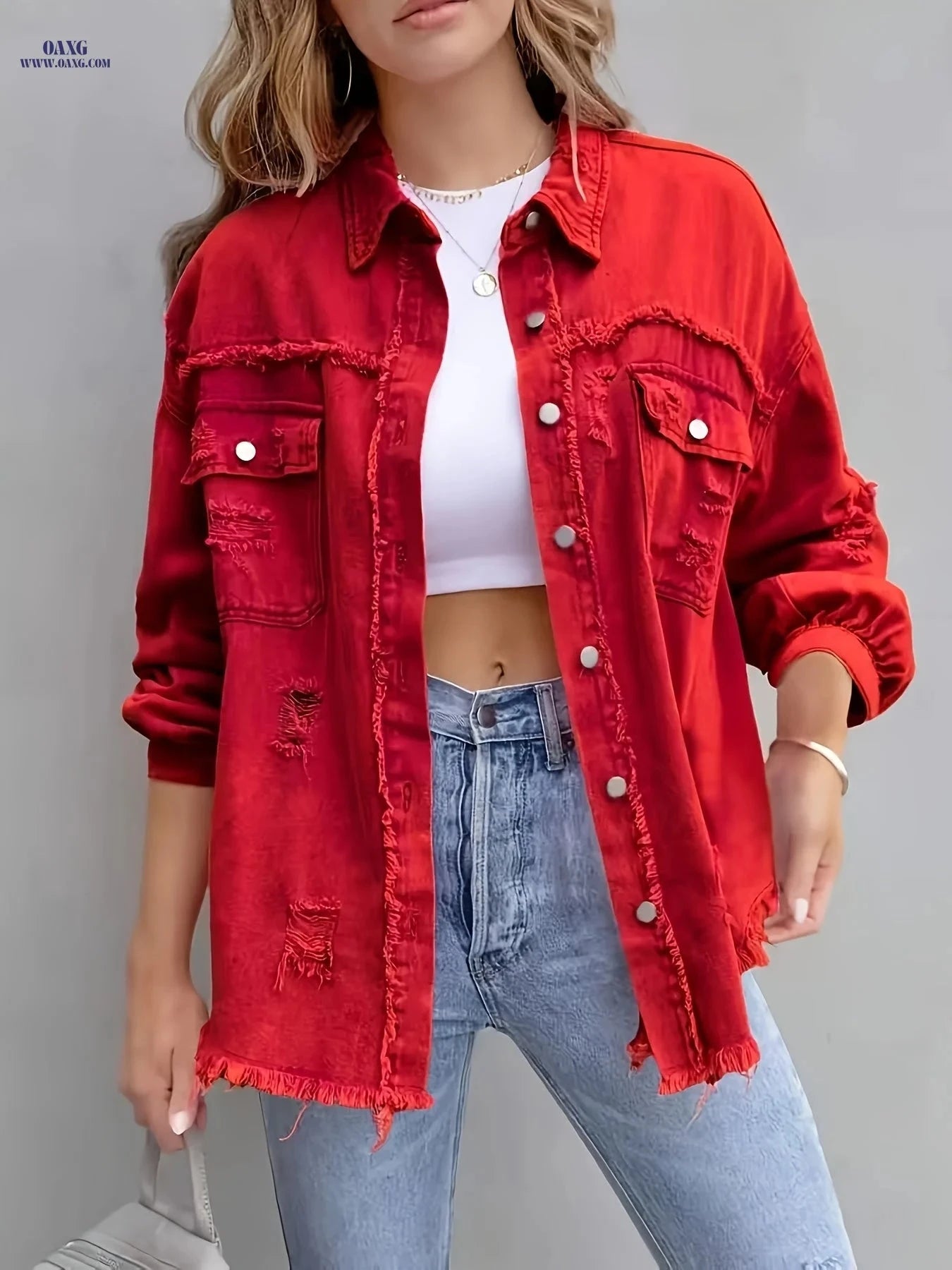 OAXG Ladies' Elegant Ripped Coat - Long Sleeve, Regular Fit   OAXG 