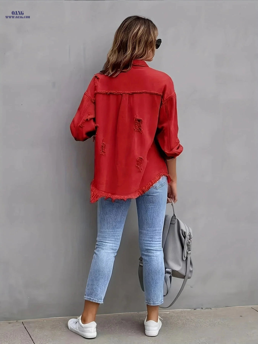 OAXG Ladies' Elegant Ripped Coat - Long Sleeve, Regular Fit   OAXG 