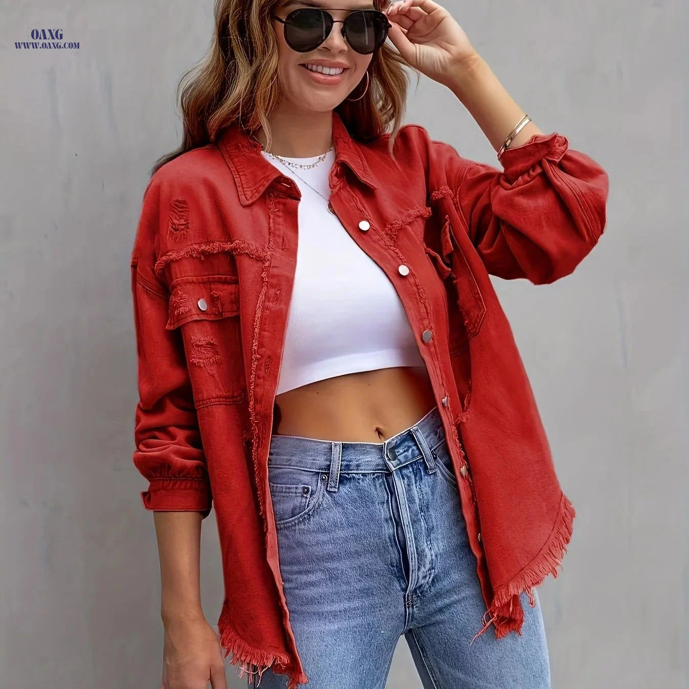 OAXG Ladies' Elegant Ripped Coat - Long Sleeve, Regular Fit   OAXG 