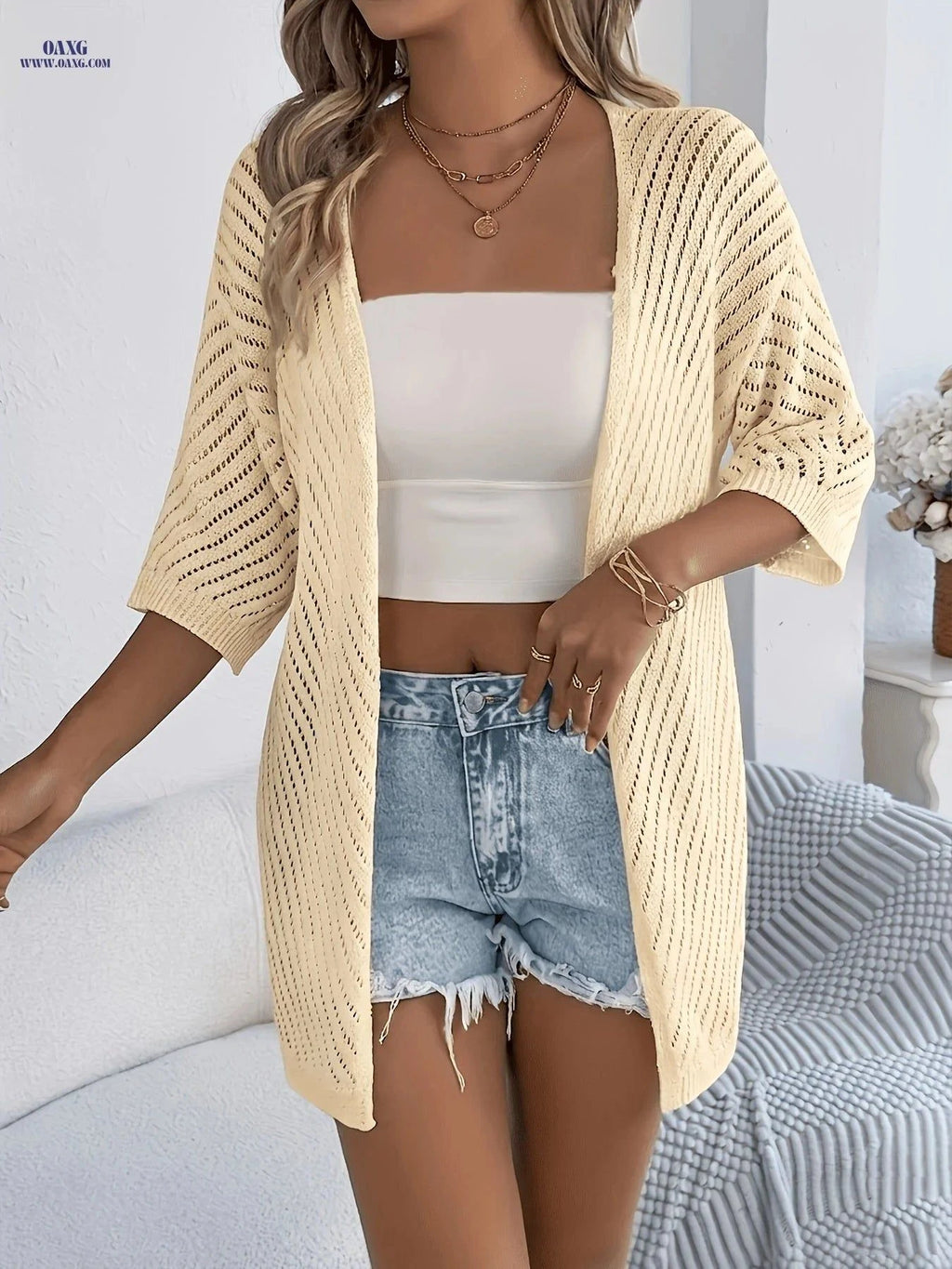 OAXG Ladies' Openwork Cardigan - Casual Short Sleeves for Spring/Summer   OAXG Apricot / S