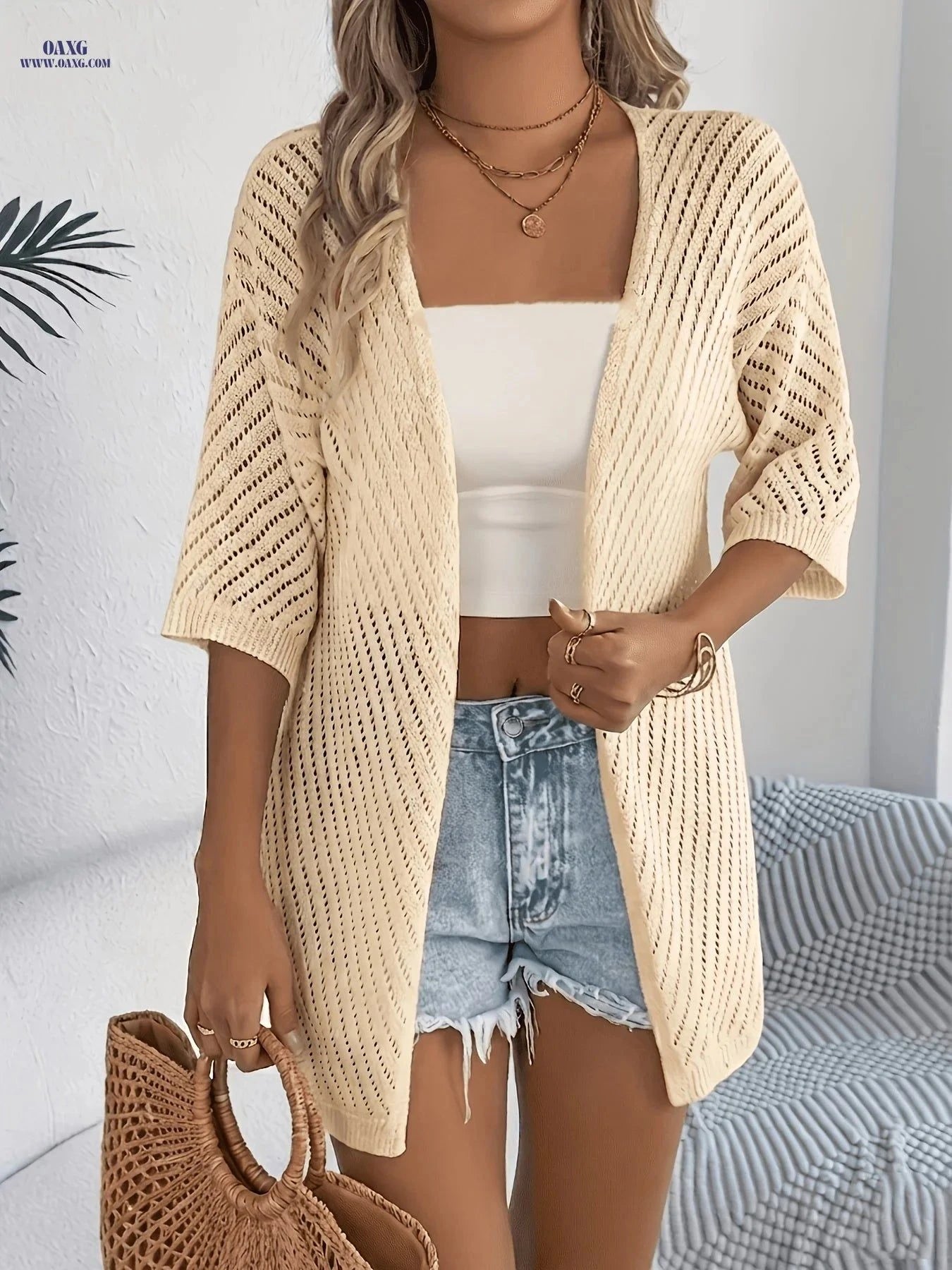 OAXG Ladies' Openwork Cardigan - Casual Short Sleeves for Spring/Summer   OAXG Apricot / S