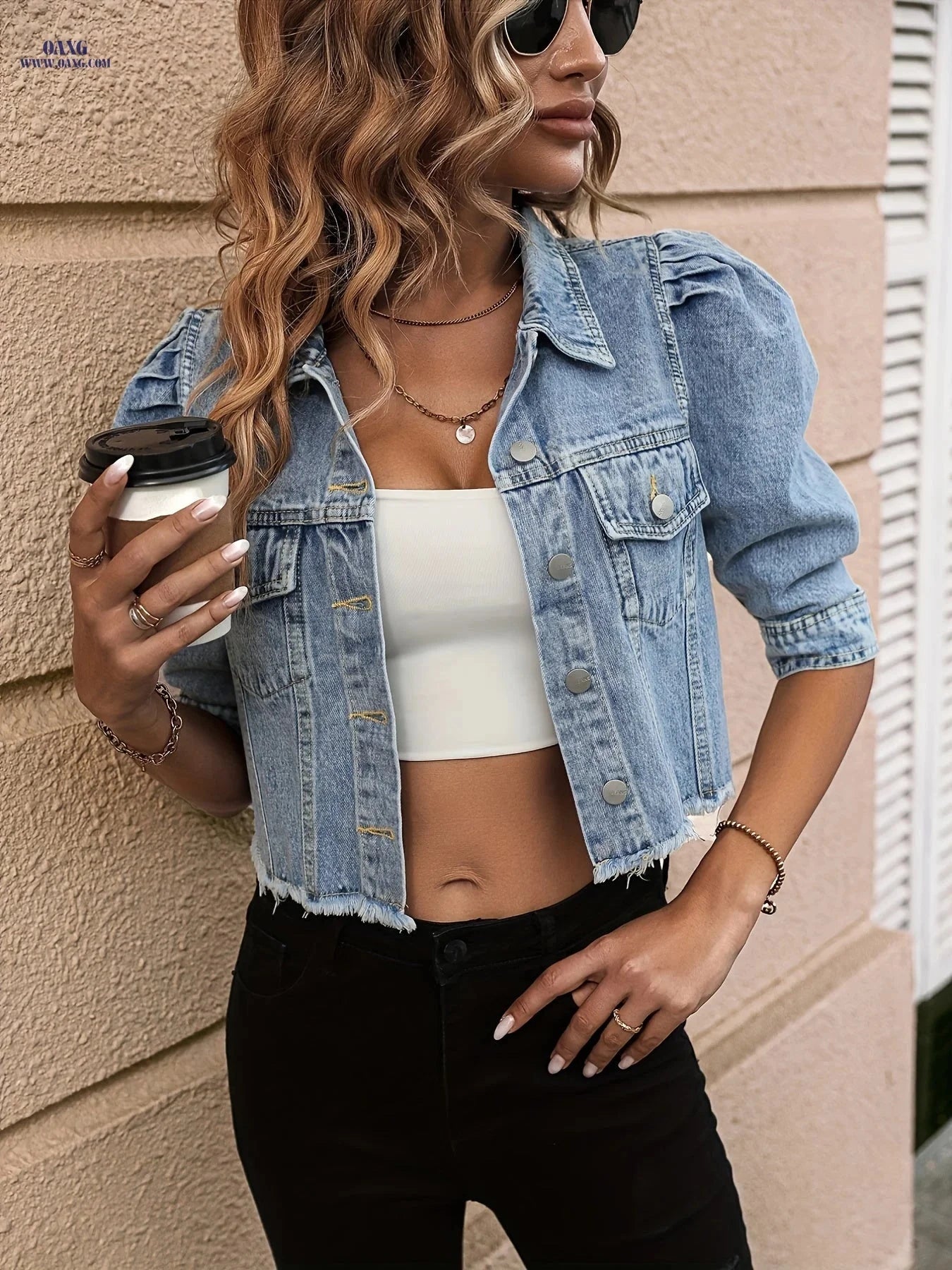 OAXG Lamb Leg Denim Jacket Coat - Elegant Mid-Sleeve for Spring/Fall   OAXG 