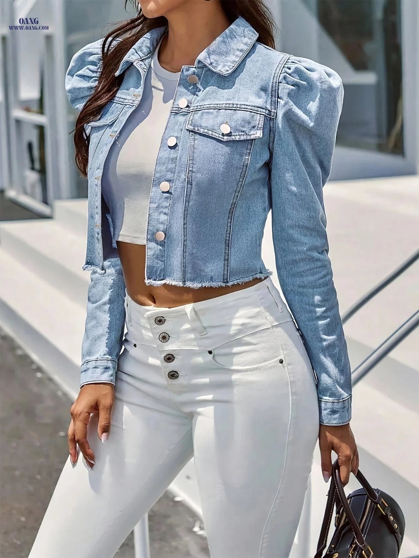OAXG Light Blue Puff Sleeve Denim Jacket - Cropped Casual Style   OAXG 