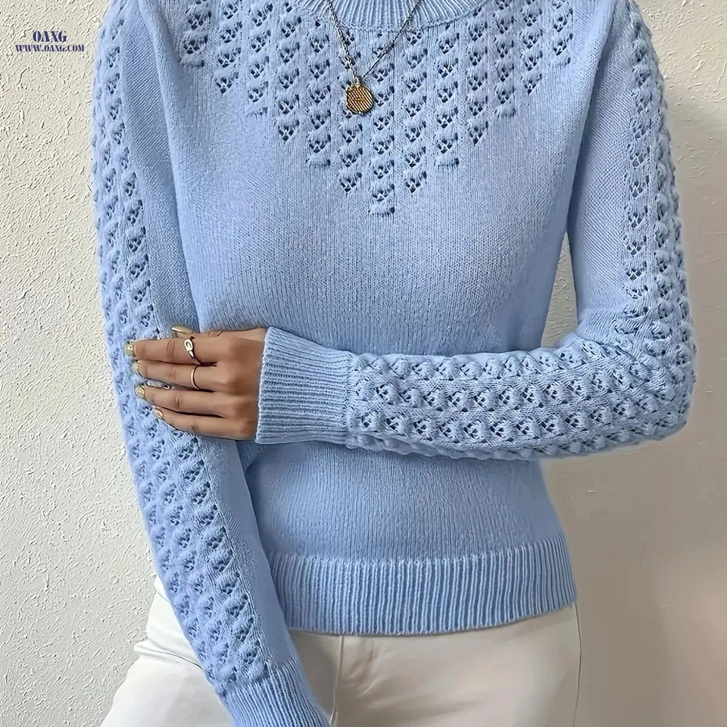 OAXG Light Blue Round Neck Shirt - Unique Hollow Design for Spring   OAXG Sky Blue / XS