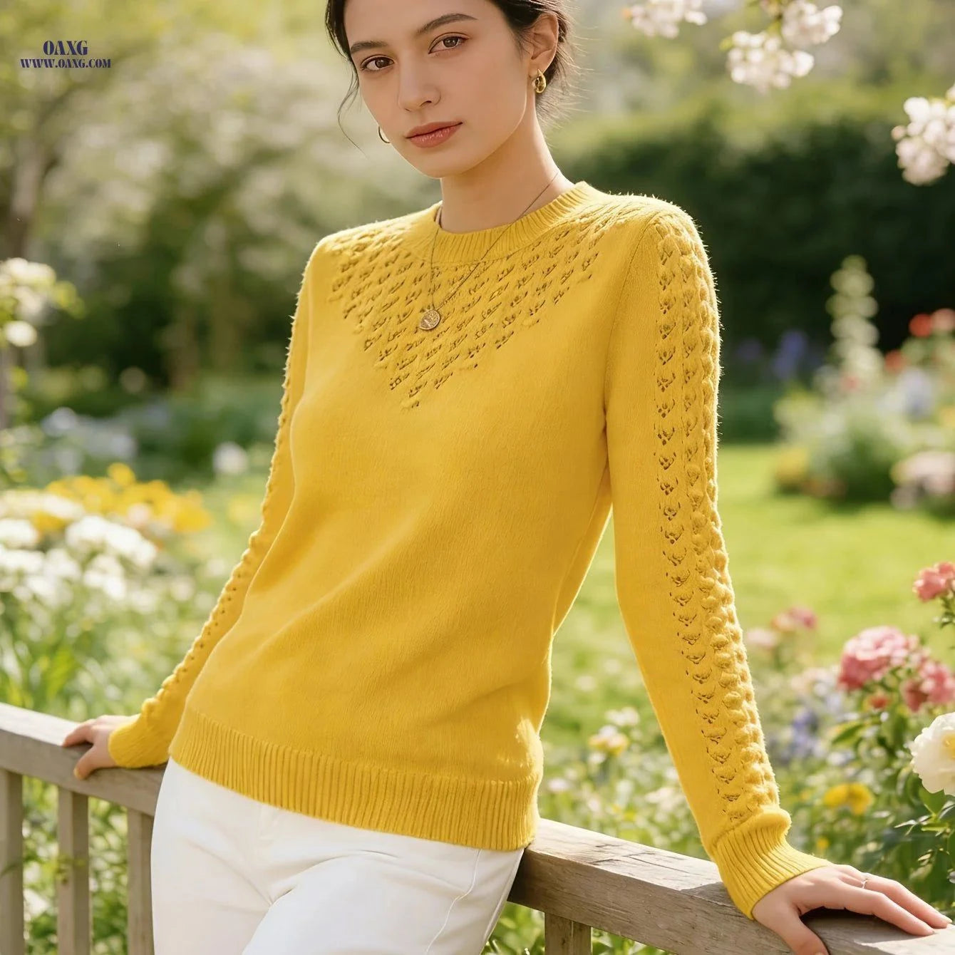OAXG Light Blue Round Neck Shirt - Unique Hollow Design for Spring   OAXG Sky Blue / XS