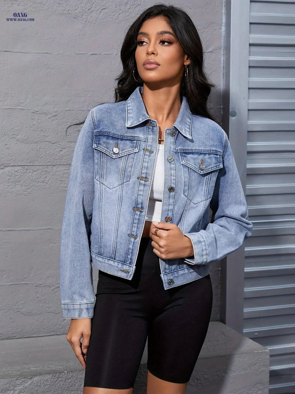 OAXG Light Blue Vintage Denim Jacket - Casual Style for Women   OAXG 