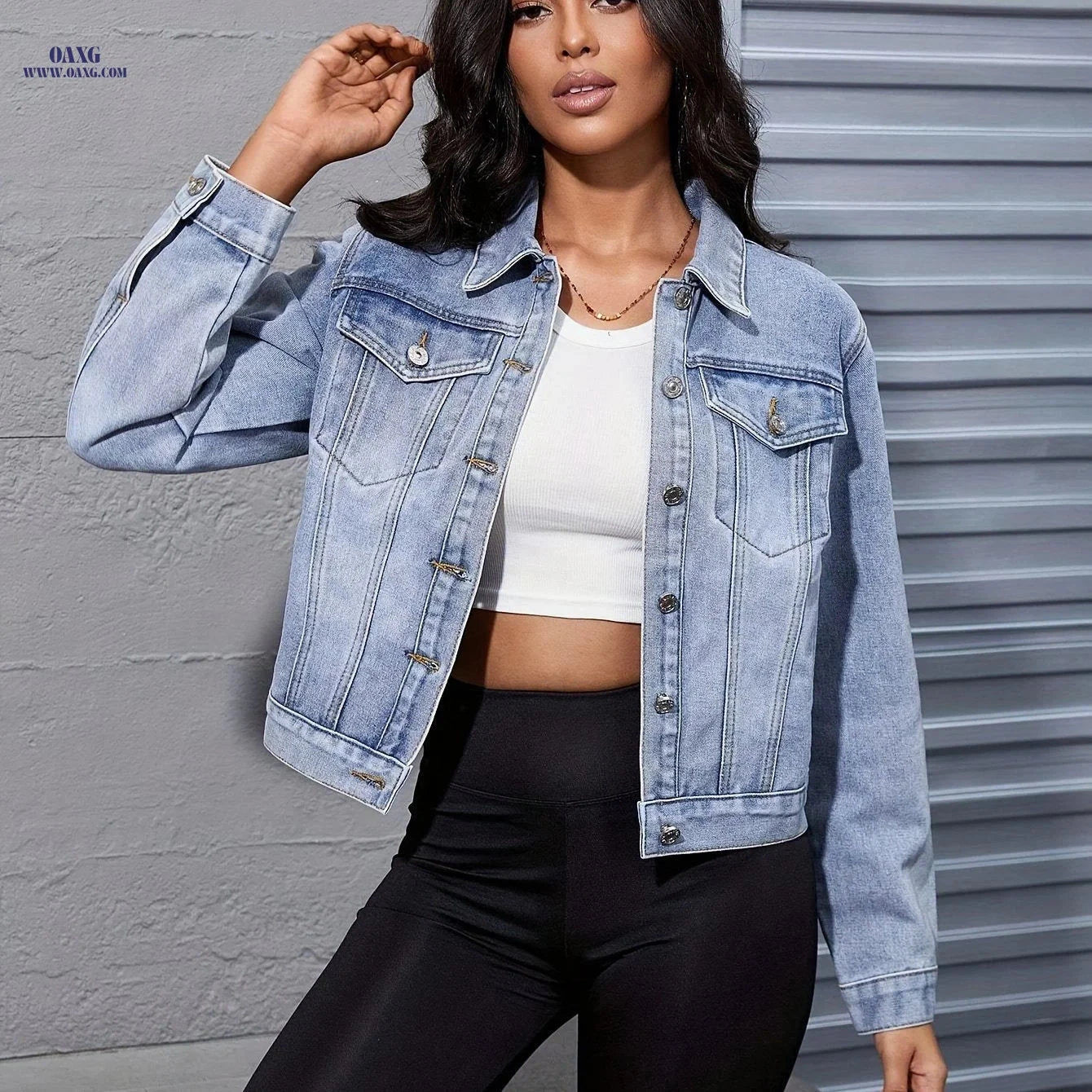 OAXG Light Blue Vintage Denim Jacket - Casual Style for Women   OAXG 