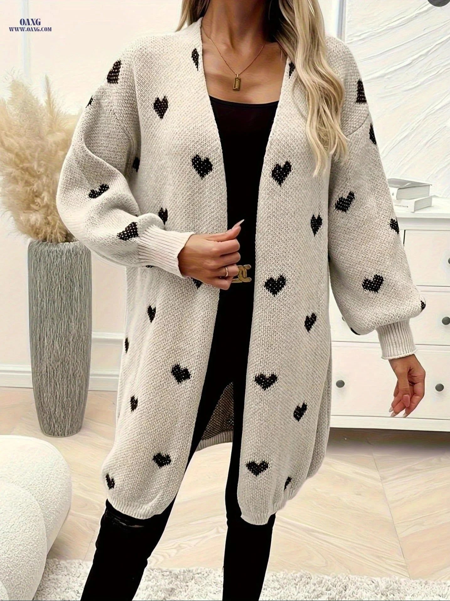 OAXG Long Heart-Patterned Sweater - Stylish Casual Outerwear for Fall   OAXG Apricot / S