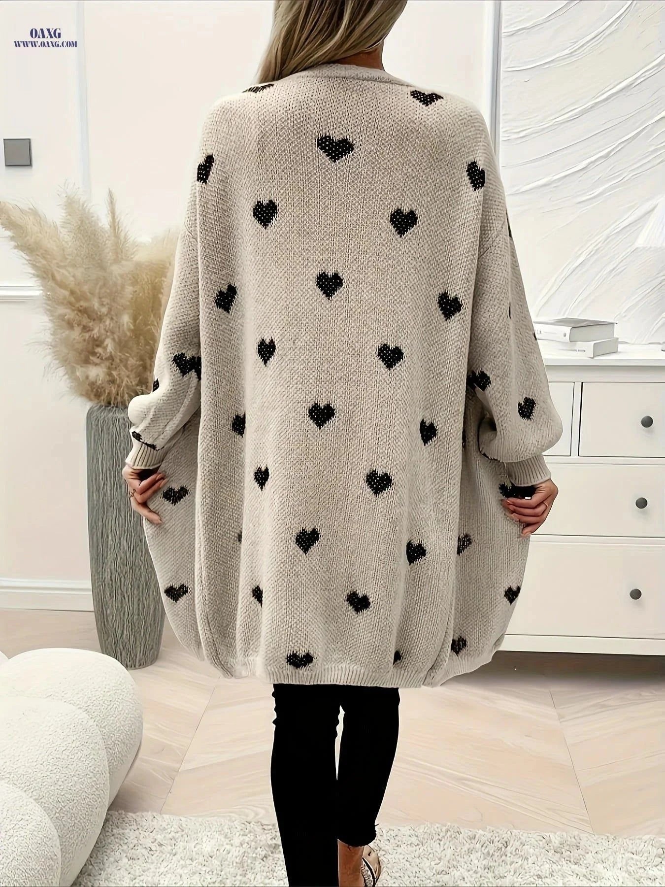 OAXG Long Heart-Patterned Sweater - Stylish Casual Outerwear for Fall   OAXG Apricot / S
