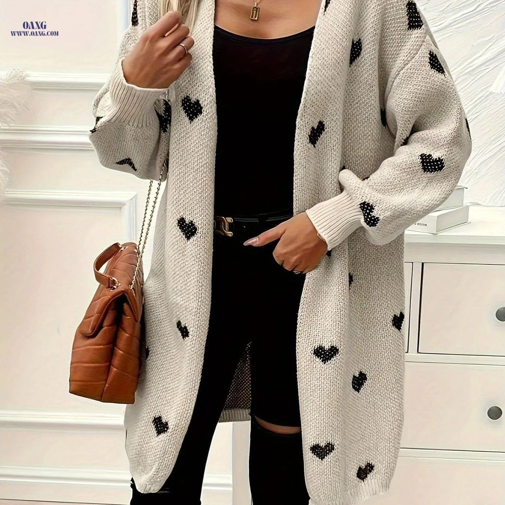 OAXG Long Heart-Patterned Sweater - Stylish Casual Outerwear for Fall   OAXG Apricot / S