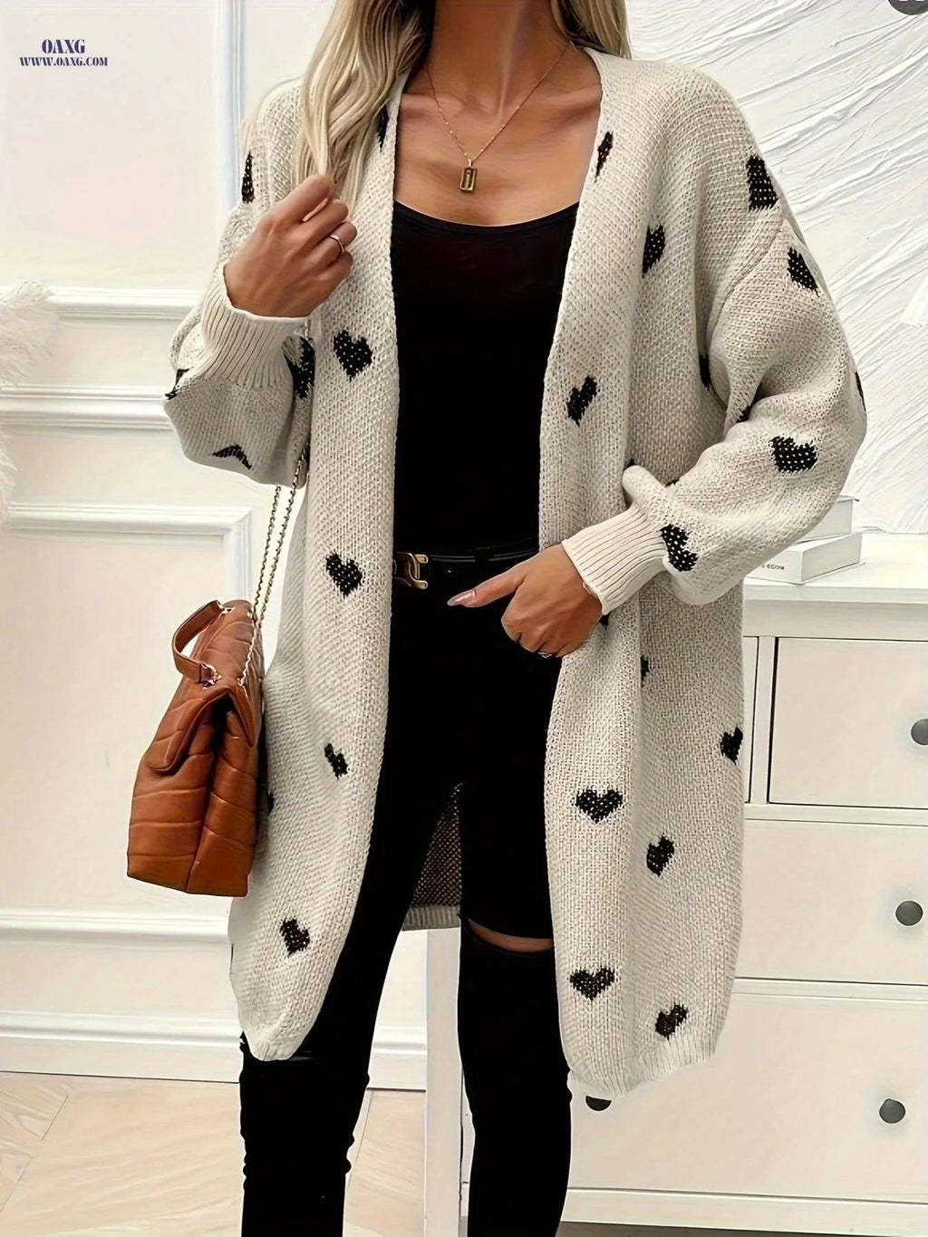 OAXG Long Heart-Patterned Sweater - Stylish Casual Outerwear for Fall   OAXG Apricot / S