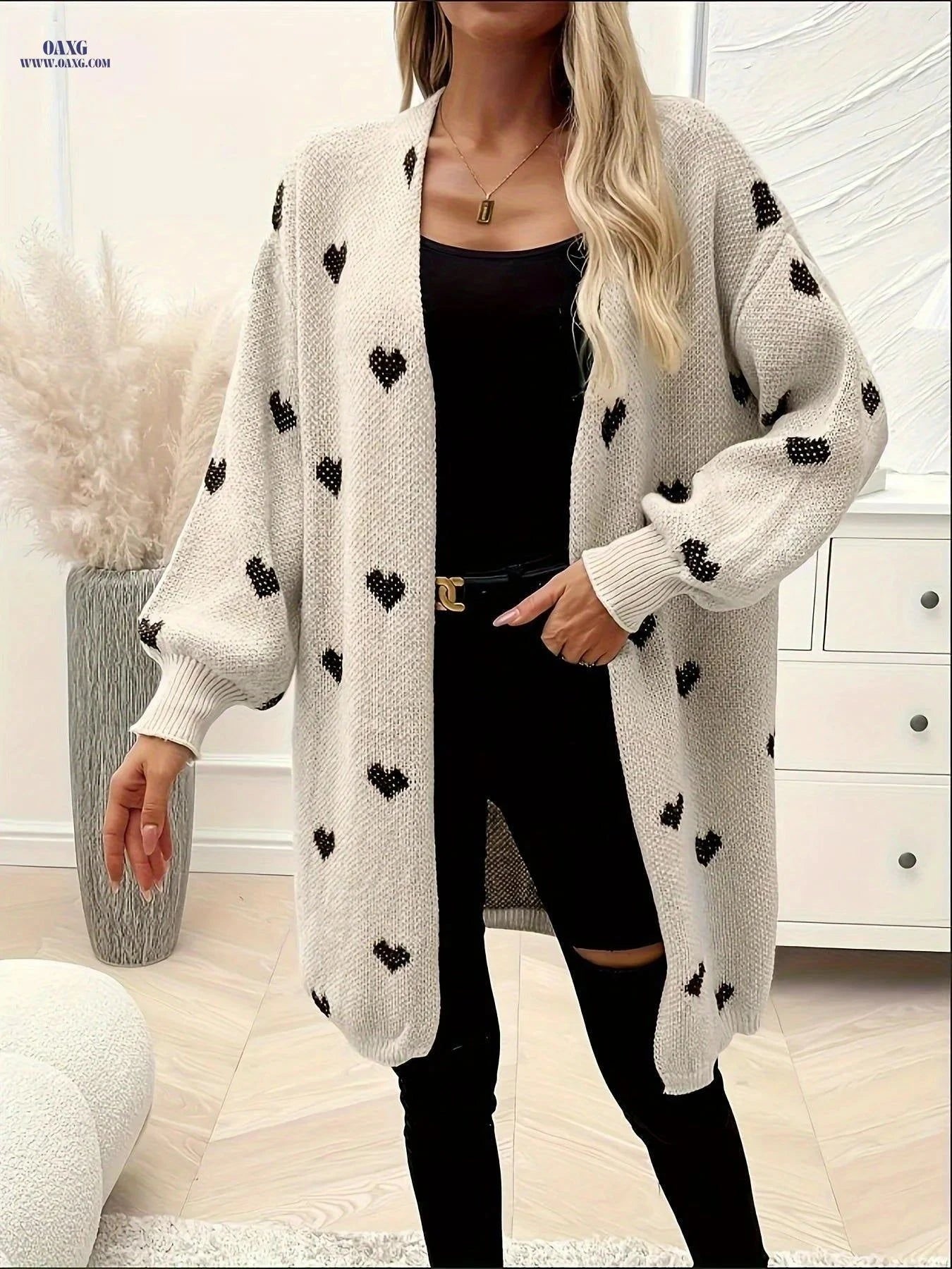 OAXG Long Heart-Patterned Sweater - Stylish Casual Outerwear for Fall   OAXG Apricot / S