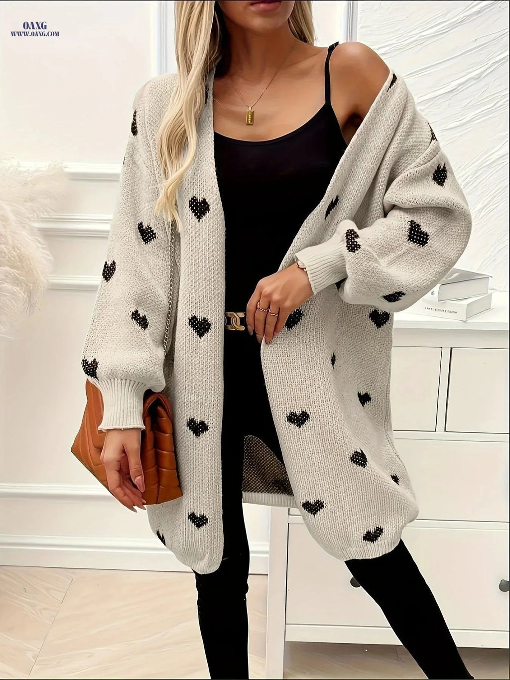 OAXG Long Heart-Patterned Sweater - Stylish Casual Outerwear for Fall   OAXG Apricot / S