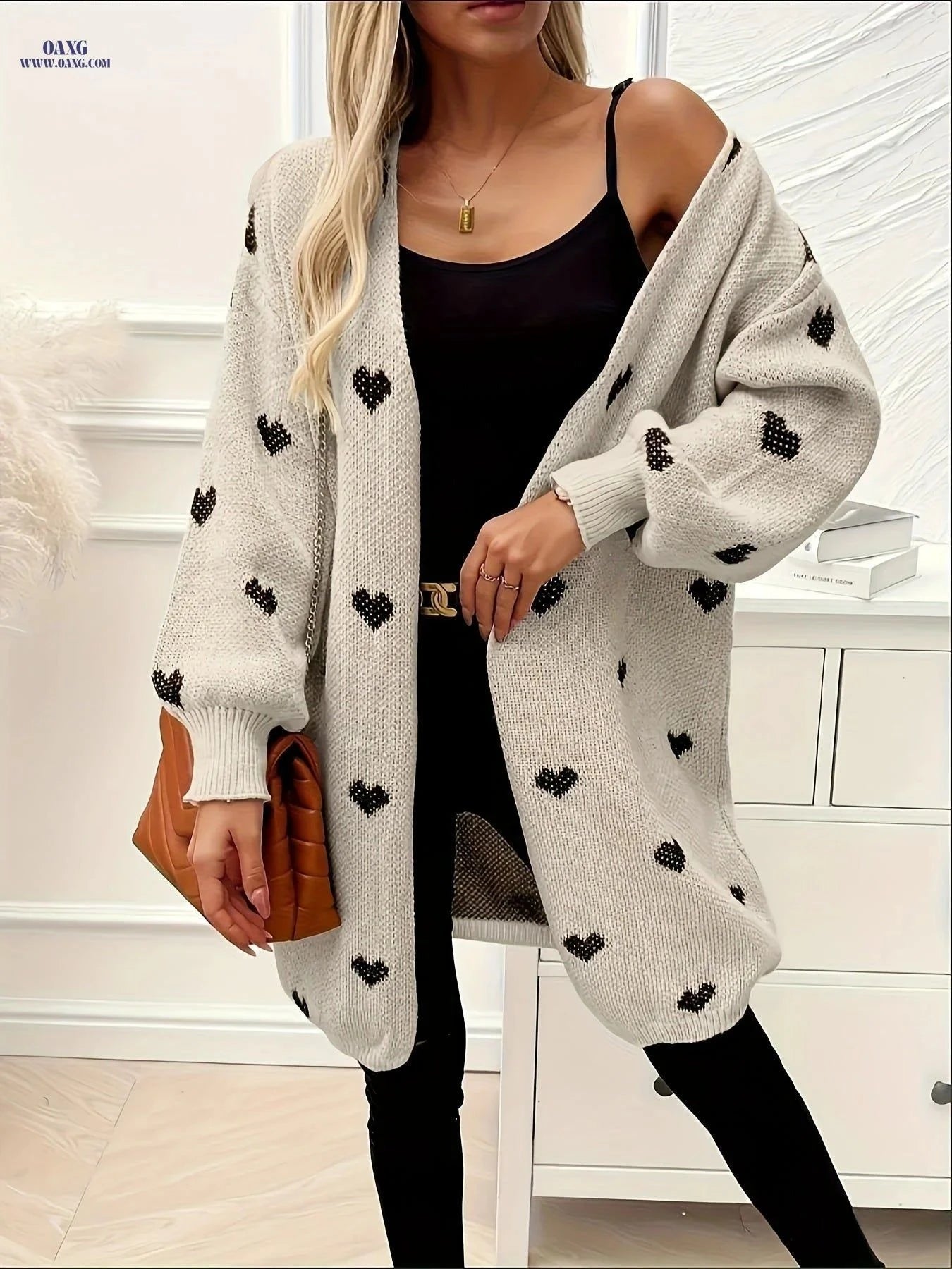 OAXG Long Heart-Patterned Sweater - Stylish Casual Outerwear for Fall   OAXG Apricot / S