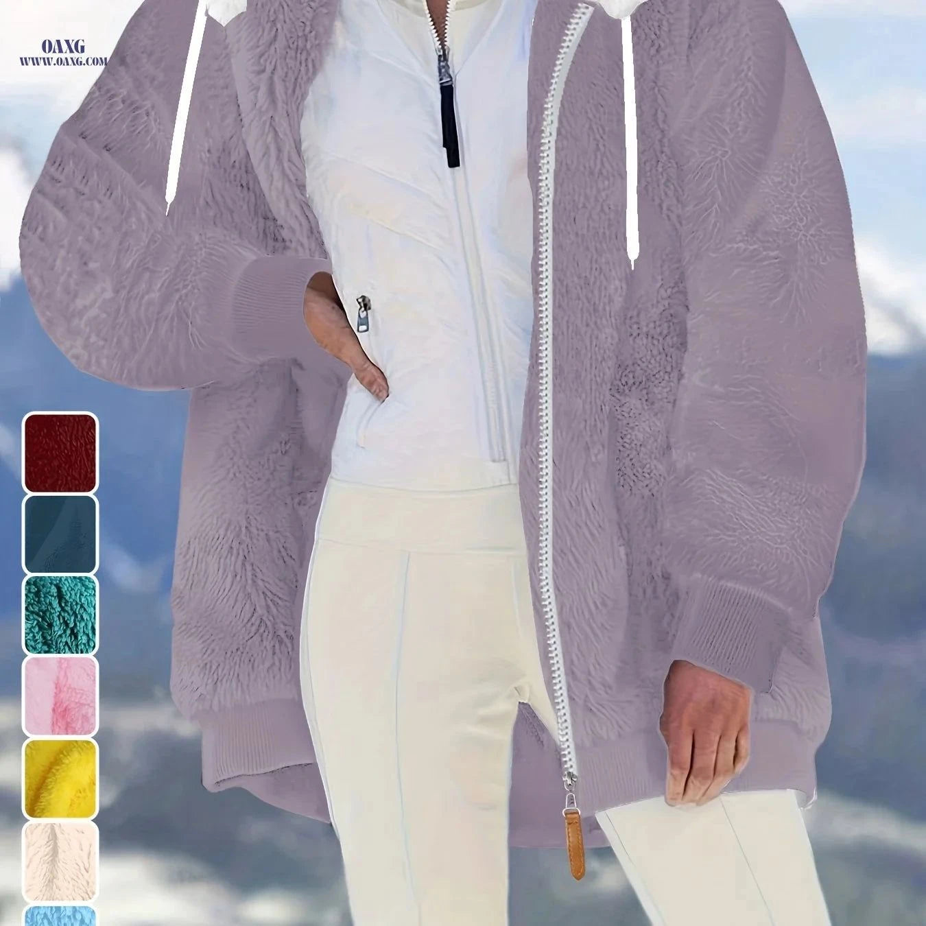 OAXG Loose Plush Zip-Up Hooded Jacket - Casual Fall/Winter Wear   OAXG Blue / S