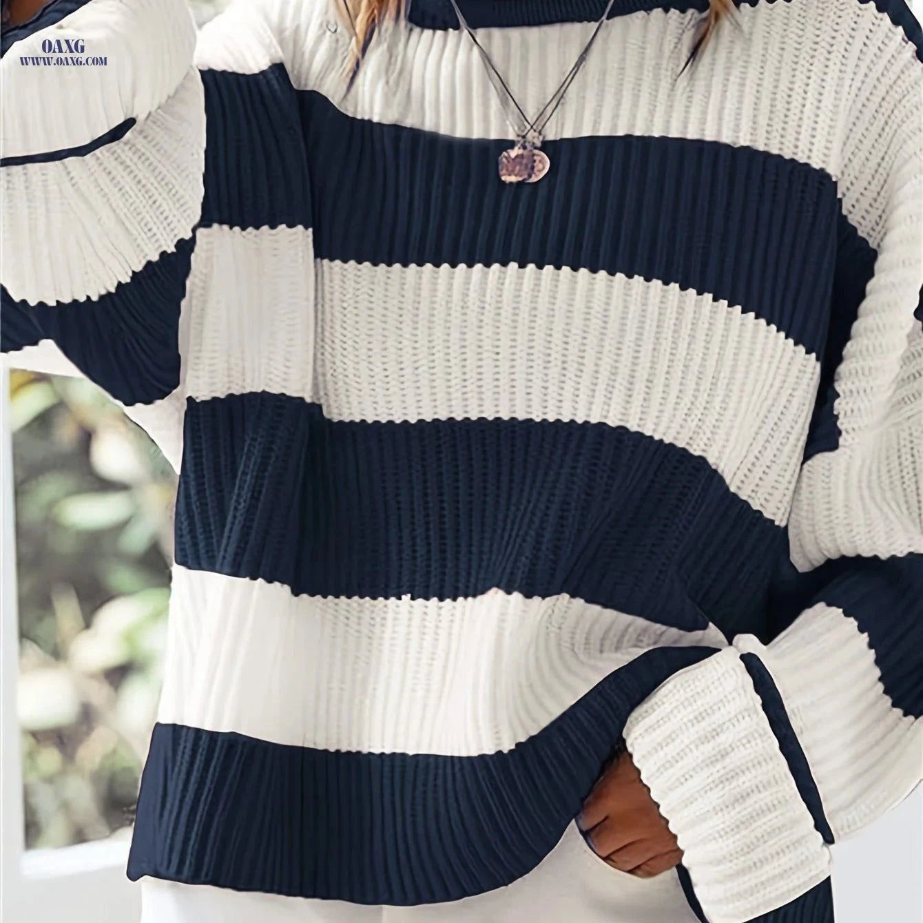 OAXG Loose V-Neck Pullover Sweater - Casual Off Shoulder Design   OAXG Green / S