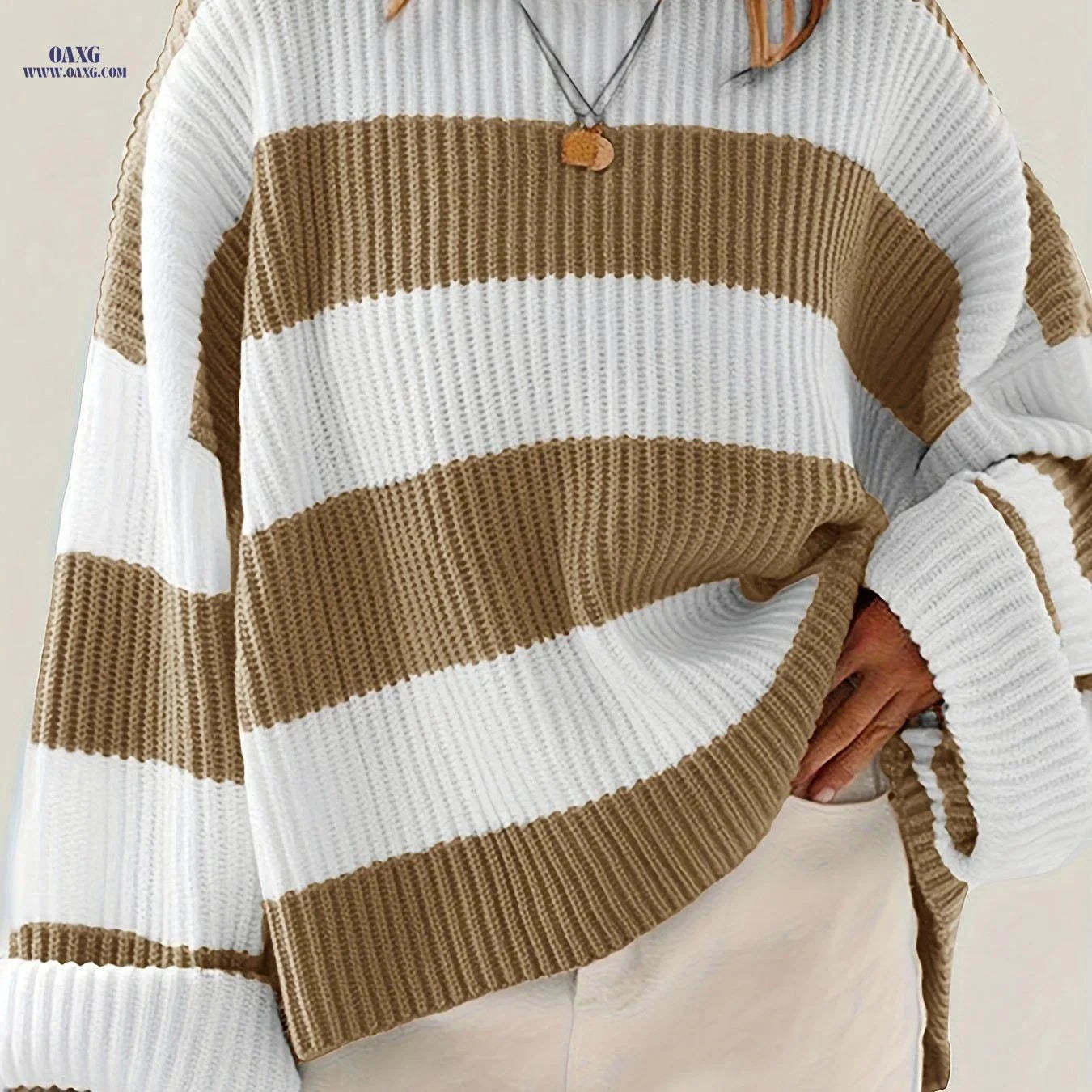OAXG Loose V-Neck Pullover Sweater - Casual Off Shoulder Design   OAXG Green / S