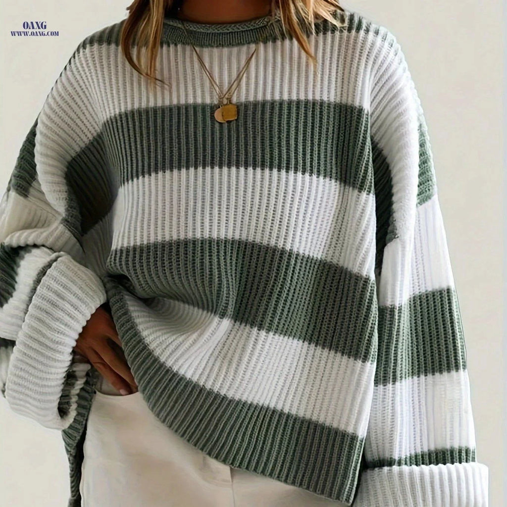 OAXG Loose V-Neck Pullover Sweater - Casual Off Shoulder Design   OAXG Green / S