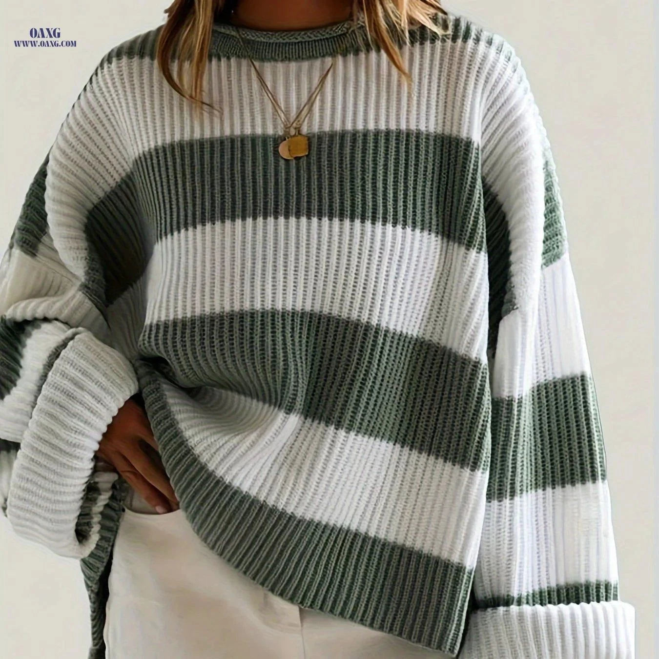 OAXG Loose V-Neck Pullover Sweater - Casual Off Shoulder Design   OAXG Green / S