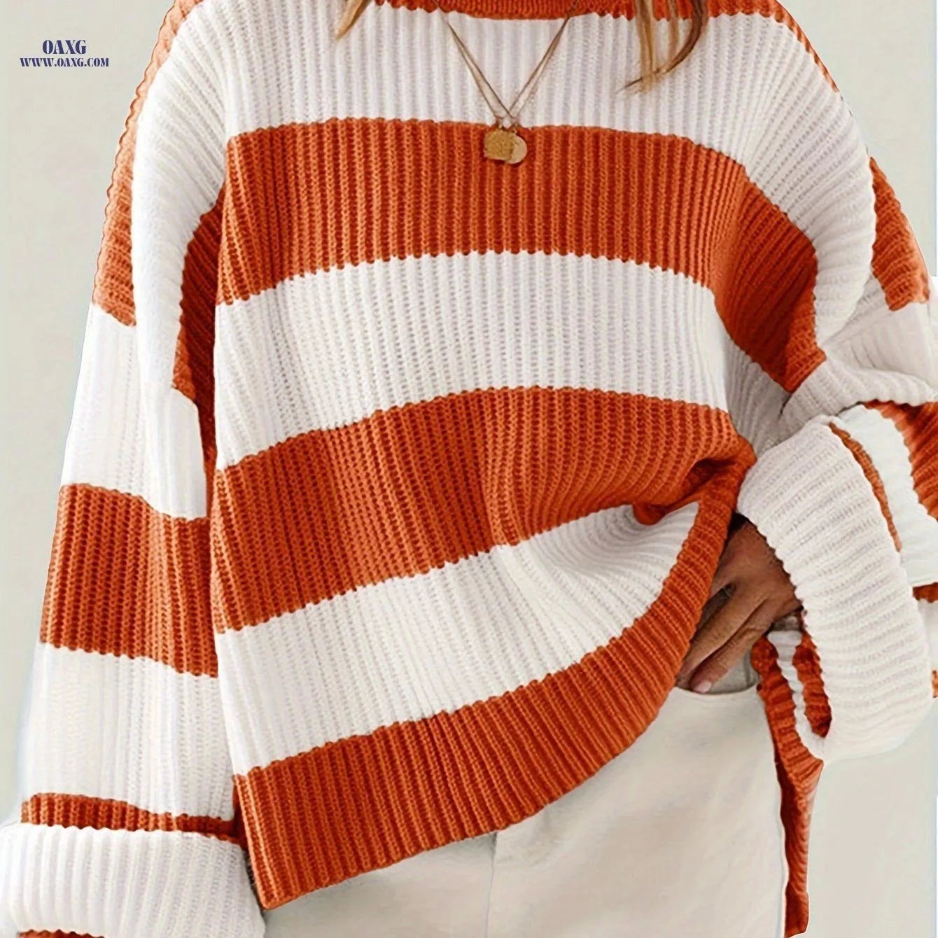 OAXG Loose V-Neck Pullover Sweater - Casual Off Shoulder Design   OAXG Green / S