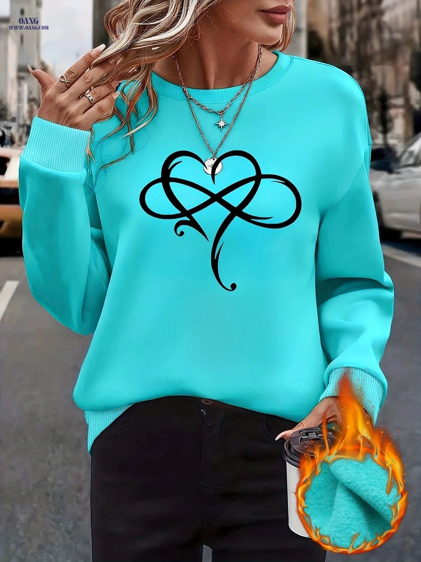 OAXG Love Creative Heart Pattern Round Neck Sweatshirt for Women   OAXG Cyan / XS