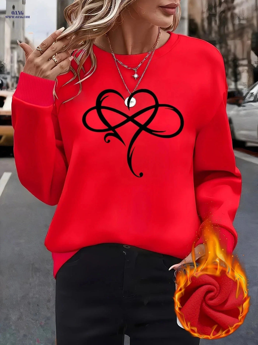 OAXG Love Creative Heart Pattern Round Neck Sweatshirt for Women   OAXG Cyan / XS