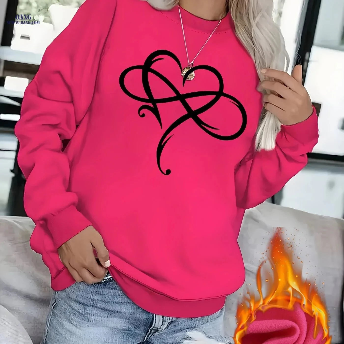 OAXG Love Creative Heart Pattern Round Neck Sweatshirt for Women   OAXG Cyan / XS