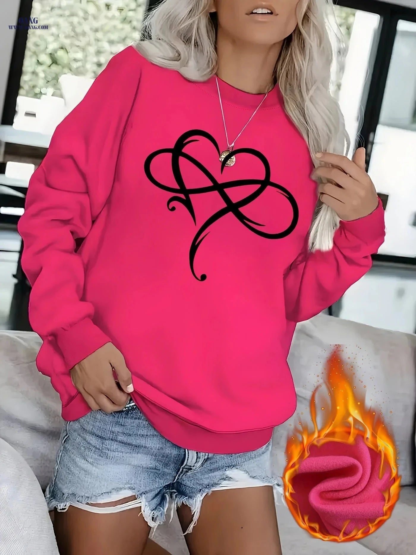 OAXG Love Creative Heart Pattern Round Neck Sweatshirt for Women   OAXG Cyan / XS