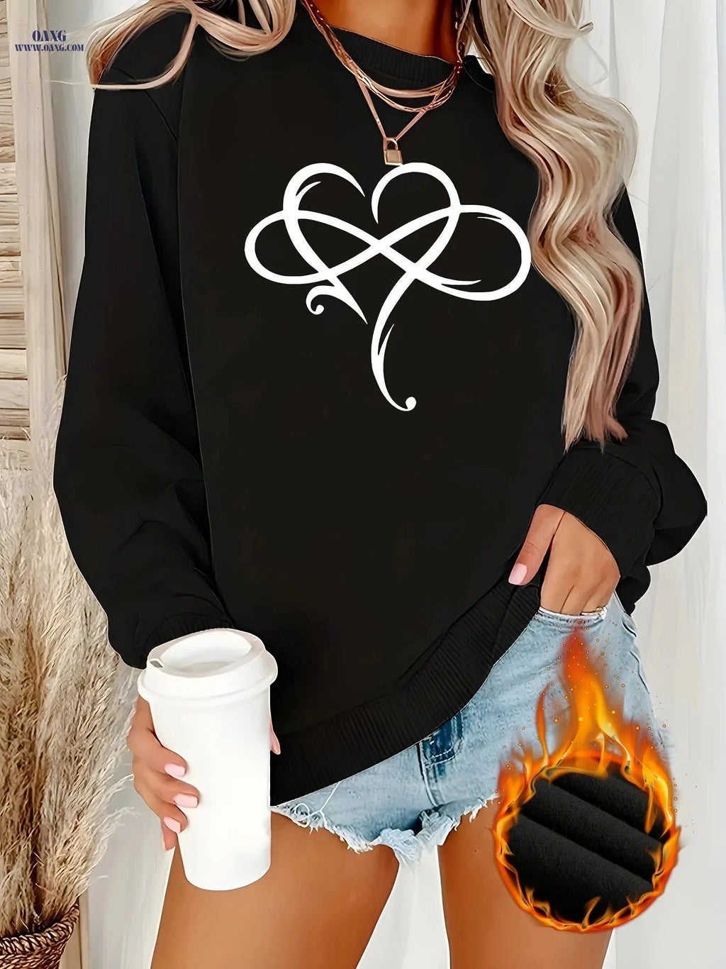 OAXG Love Creative Heart Pattern Round Neck Sweatshirt for Women   OAXG Cyan / XS