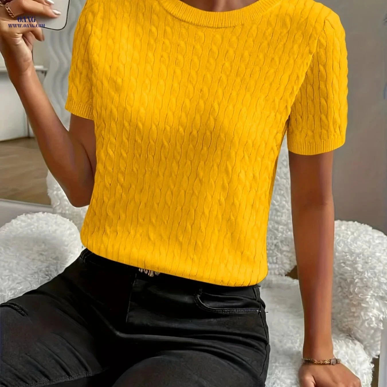 OAXG Minimalist Round Neck Pullover Top - Comfortable Short Sleeve   OAXG White / S