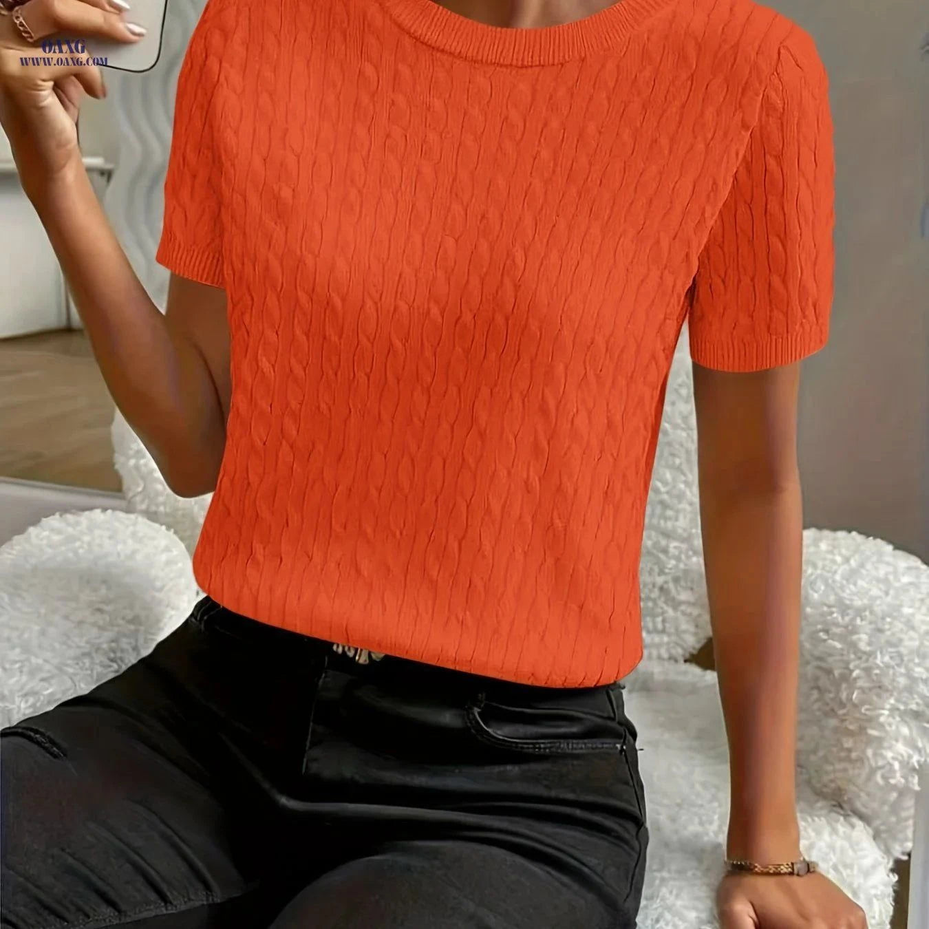 OAXG Minimalist Short Sleeve Pullover Top - Comfortable Ribbed Design   OAXG White / S