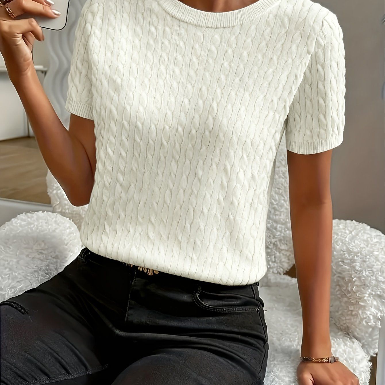 OAXG Minimalist Short Sleeve Pullover Top - Comfortable Ribbed Design   OAXG White / S