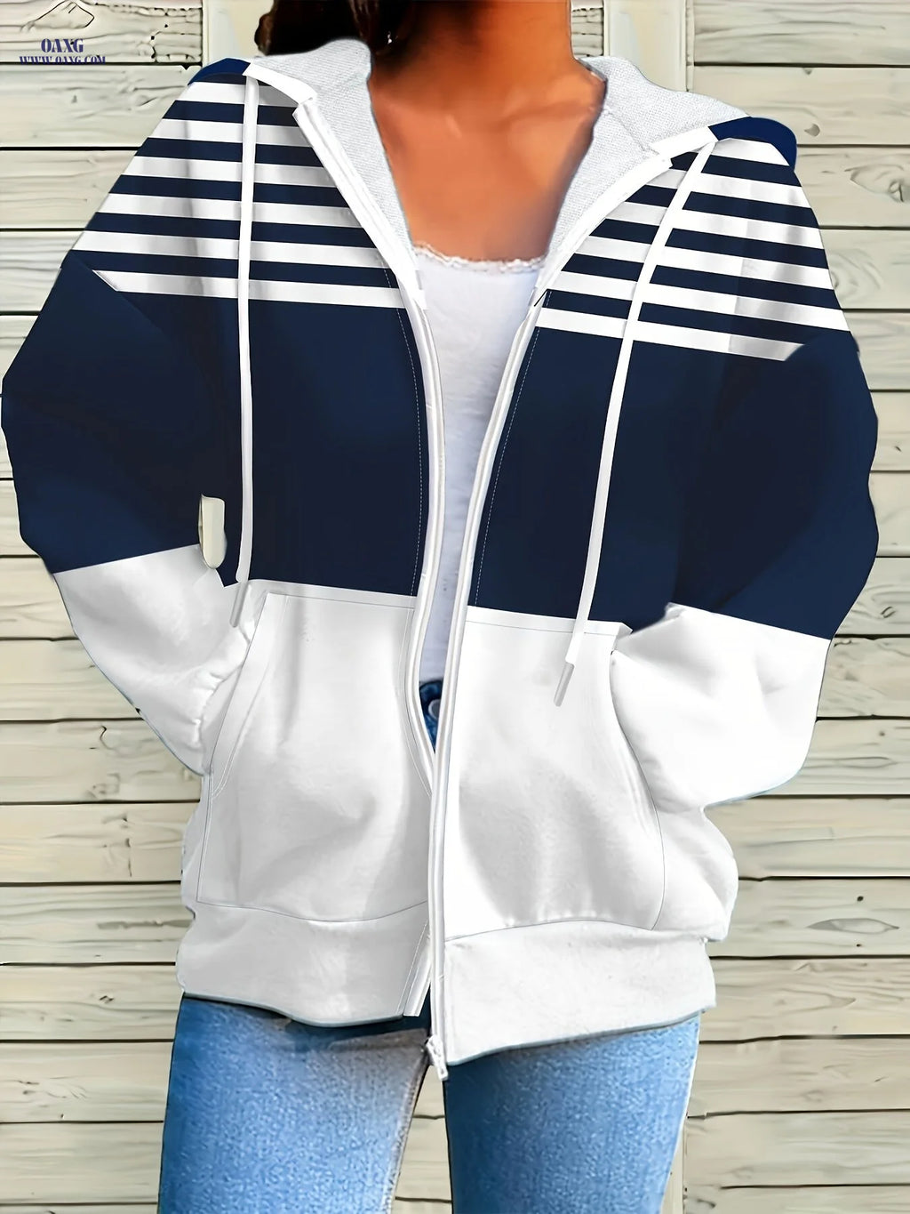 Women'S Navy White Striped Zip-Up Hoodie - Casual Loose Fit Long Sleeve Hooded Sweatshirt 2026 Spring Autumn Fashion Streetwear   OAXG 