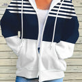 Women'S Navy White Striped Zip-Up Hoodie - Casual Loose Fit Long Sleeve Hooded Sweatshirt 2026 Spring Autumn Fashion Streetwear   OAXG 