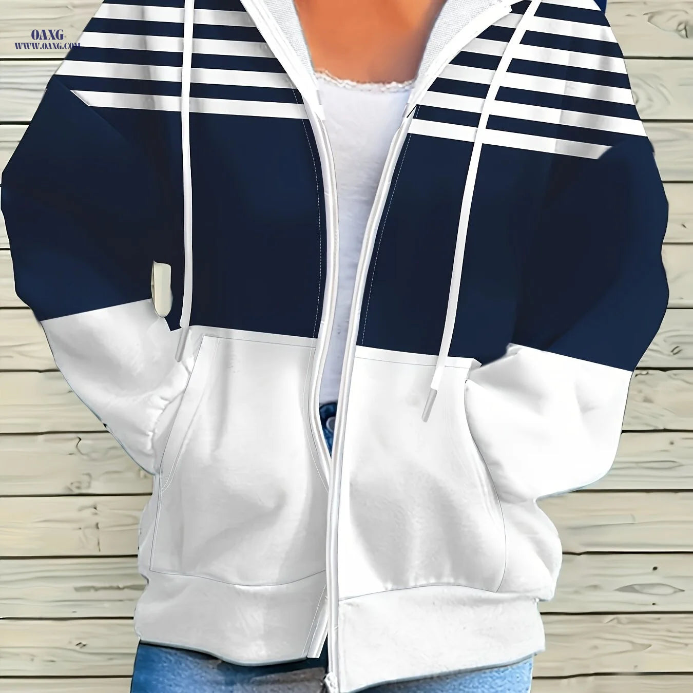 Women'S Navy White Striped Zip-Up Hoodie - Casual Loose Fit Long Sleeve Hooded Sweatshirt 2026 Spring Autumn Fashion Streetwear   OAXG 