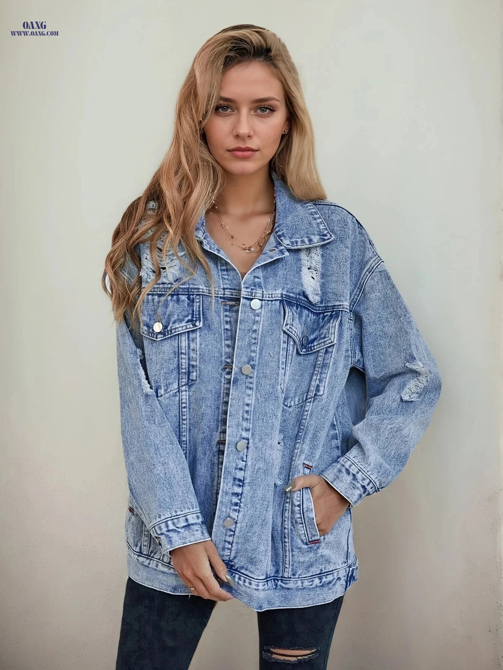 OAXG Oversized Denim Jacket - Ripped Long-Sleeve Casual Style   OAXG 