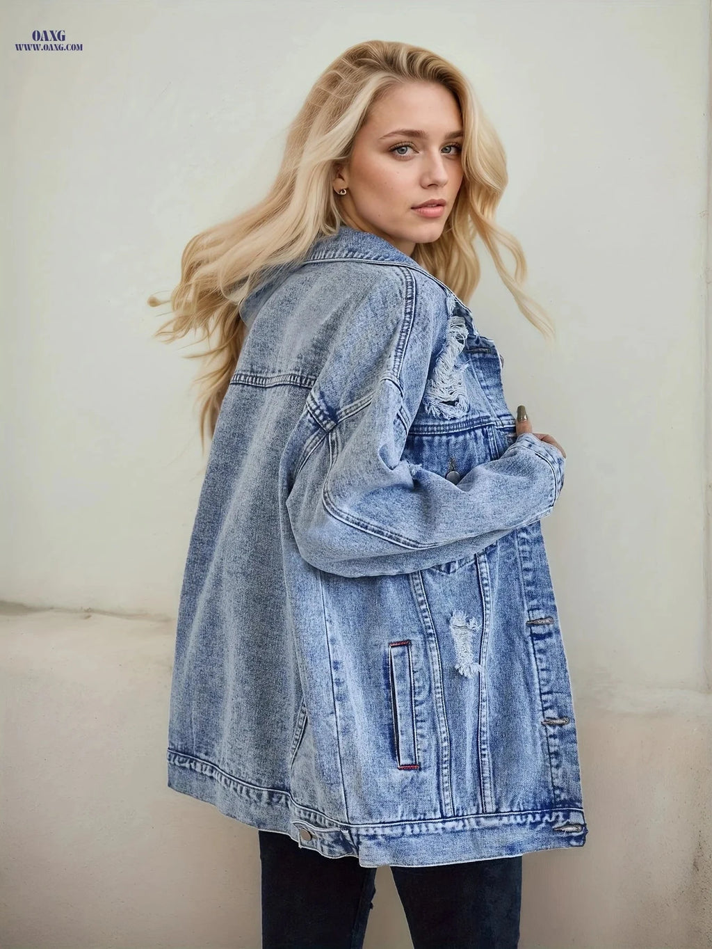 OAXG Oversized Denim Jacket - Ripped Long-Sleeve Casual Style   OAXG 