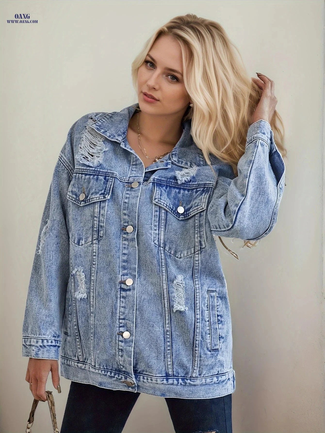 OAXG Oversized Denim Jacket - Ripped Long-Sleeve Casual Style   OAXG 