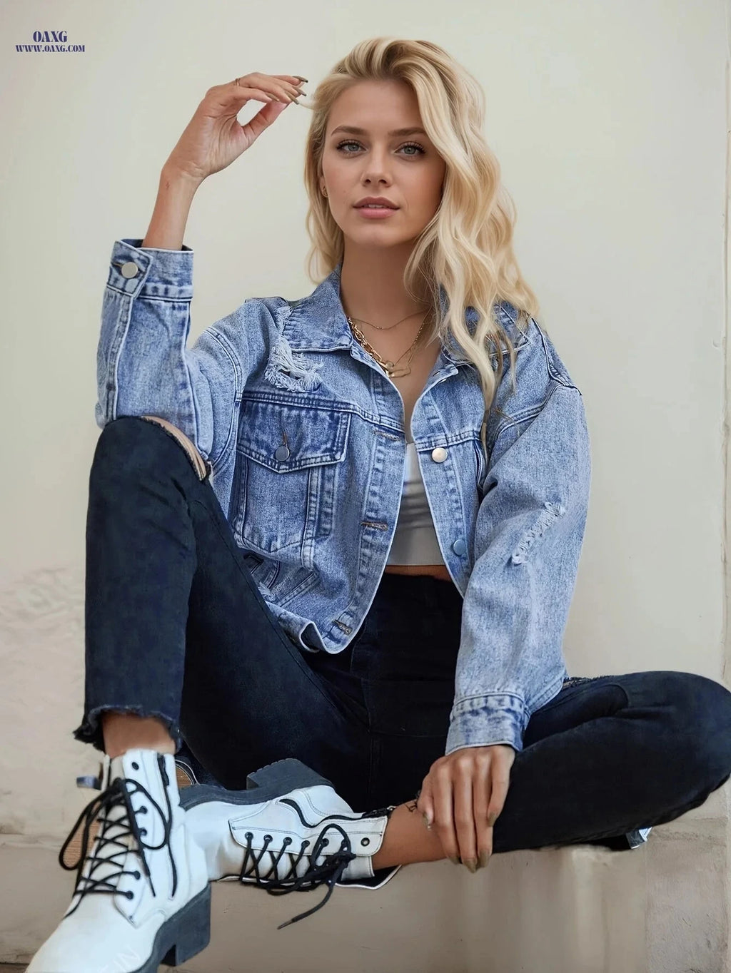 OAXG Oversized Denim Jacket - Ripped Long-Sleeve Casual Style   OAXG 