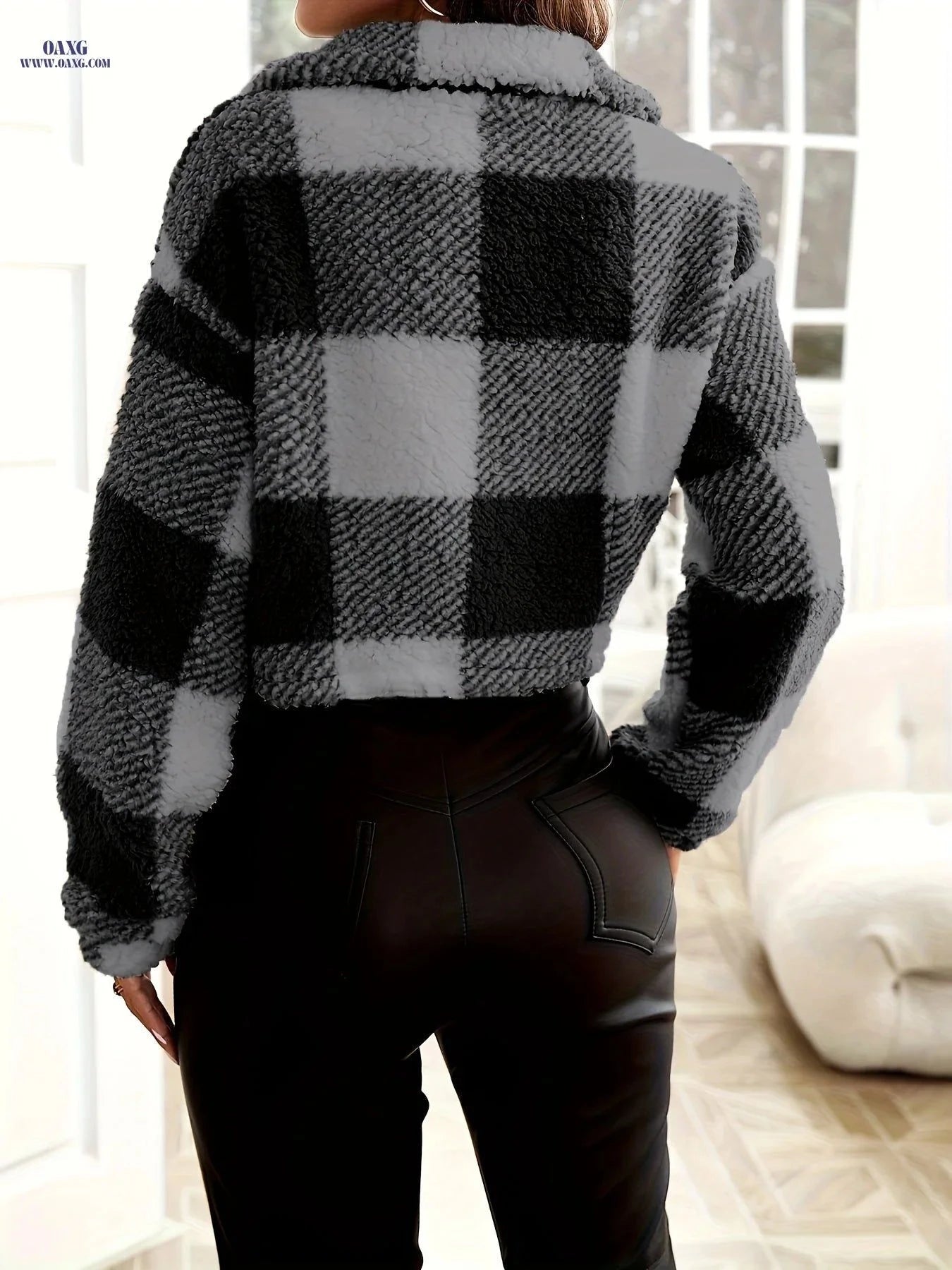 OAXG Plaid Print Off-Shoulder Zipper Jacket - Stylish Fall/Winter Wear   OAXG Black / S