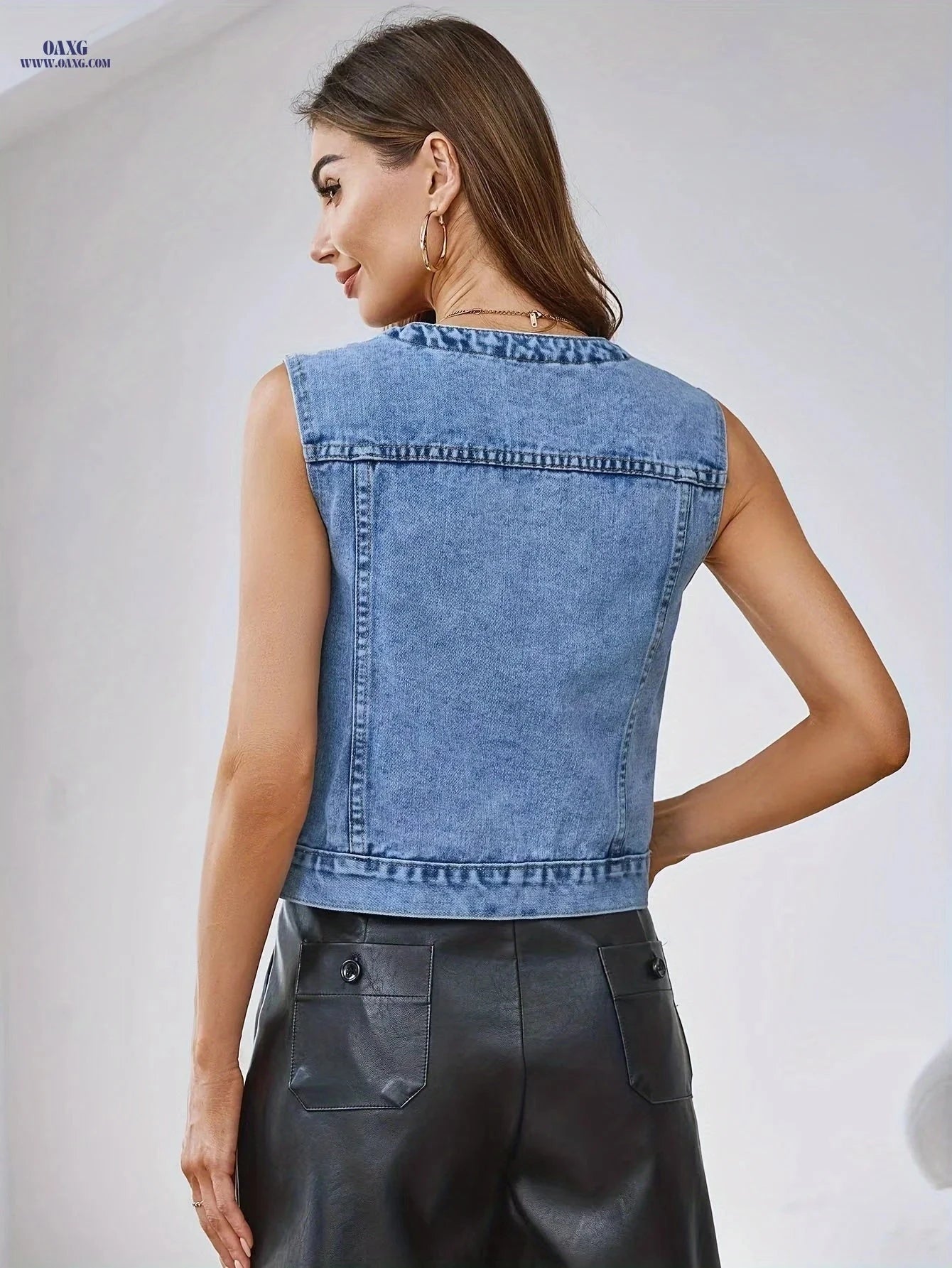 OAXG Plus Size Denim Jacket for Women - Elegant Solid Color Style   OAXG 