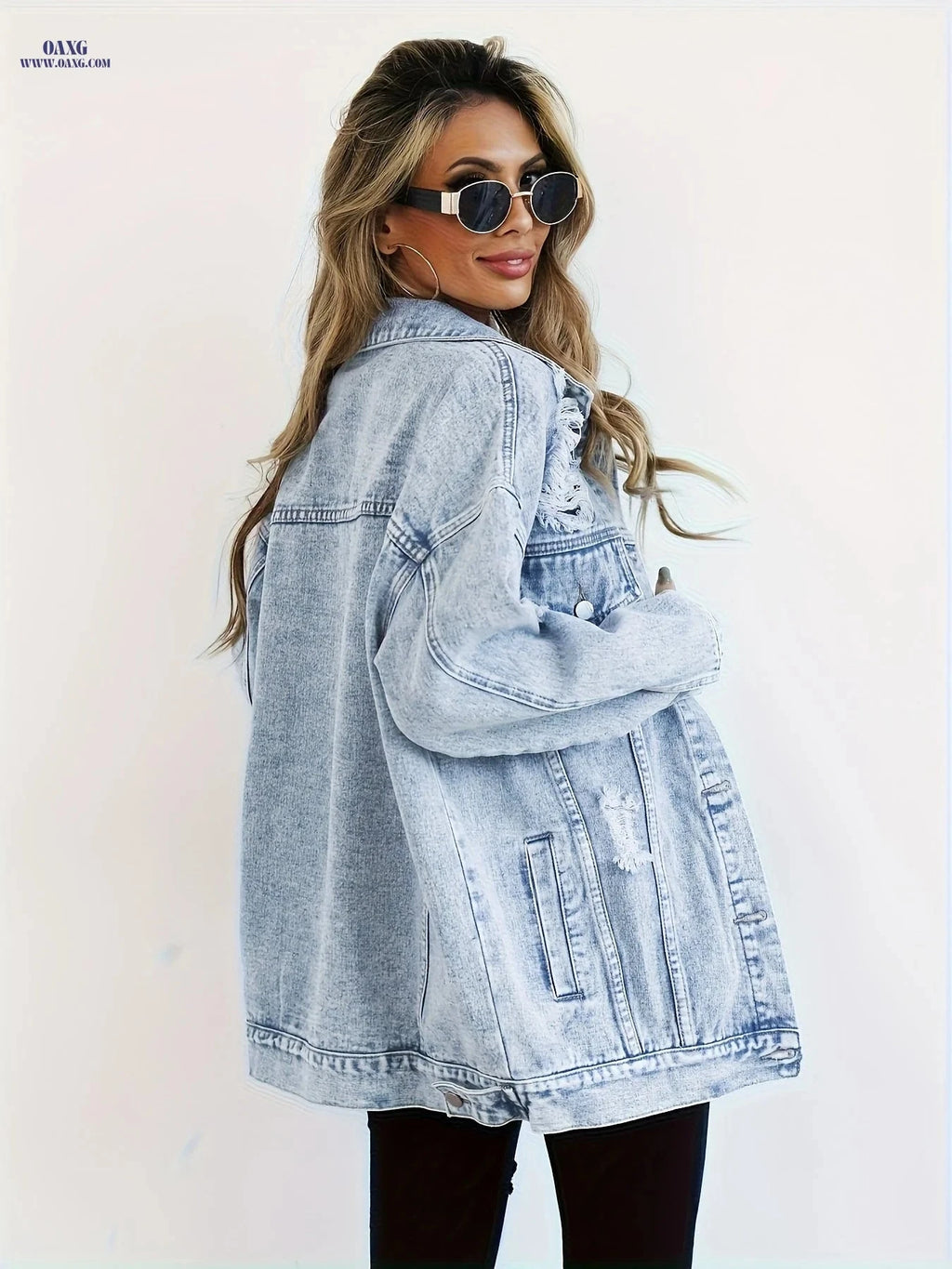 OAXG Plus Size Women's Denim Jacket - Boyfriend Distressed Style   OAXG 
