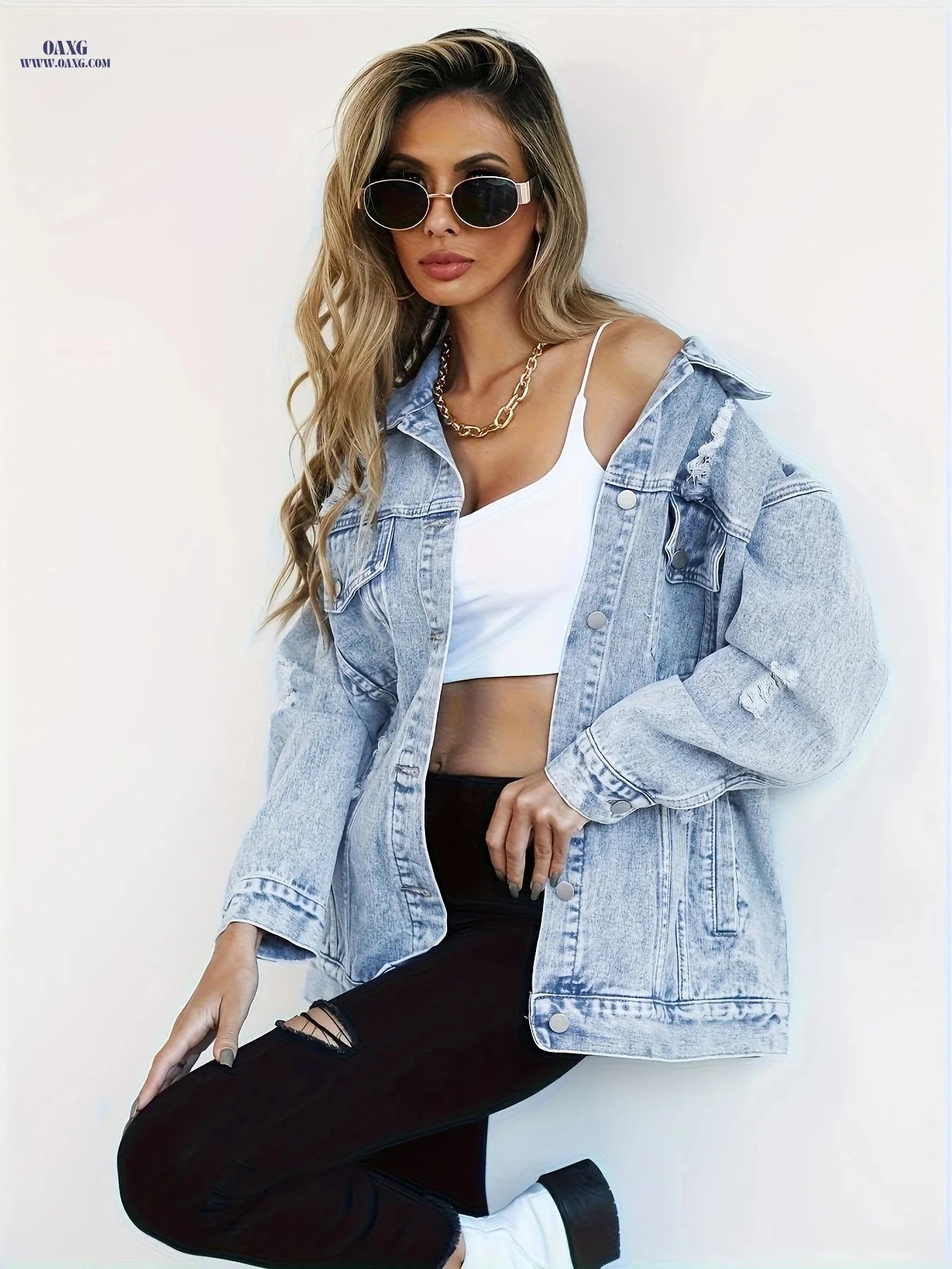 OAXG Plus Size Women's Denim Jacket - Boyfriend Distressed Style   OAXG 