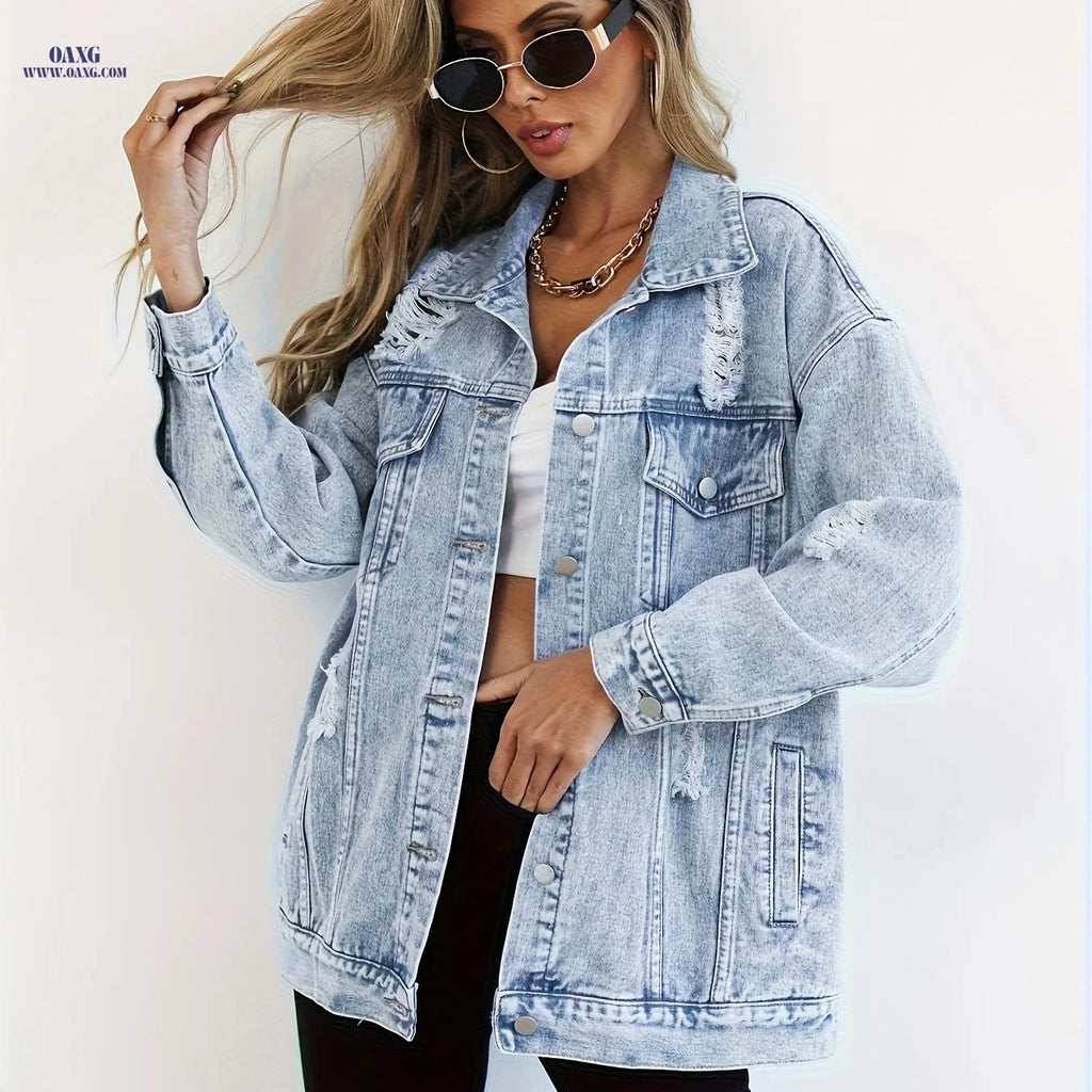 OAXG Plus Size Women's Denim Jacket - Boyfriend Distressed Style   OAXG 