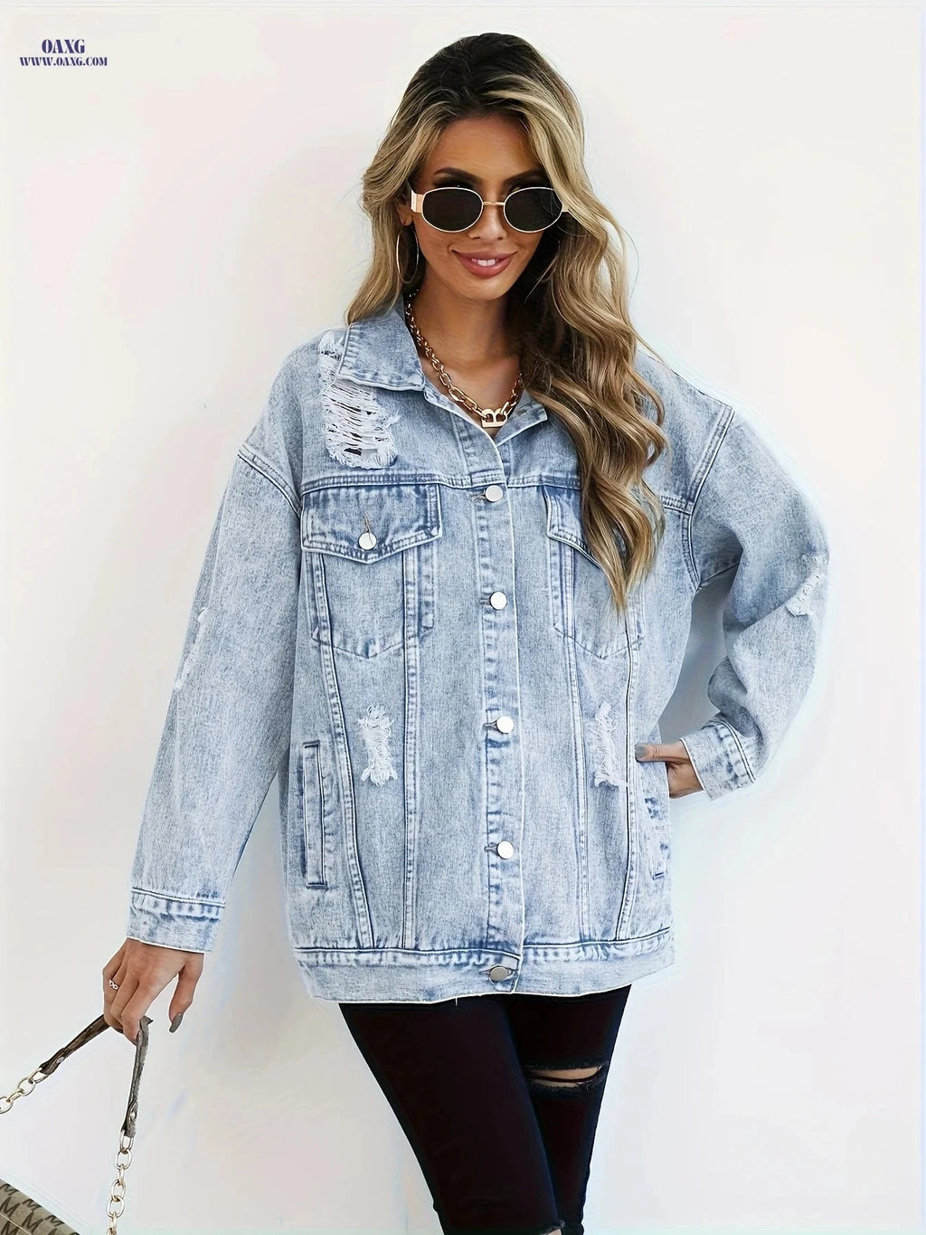 OAXG Plus Size Women's Denim Jacket - Boyfriend Distressed Style   OAXG 