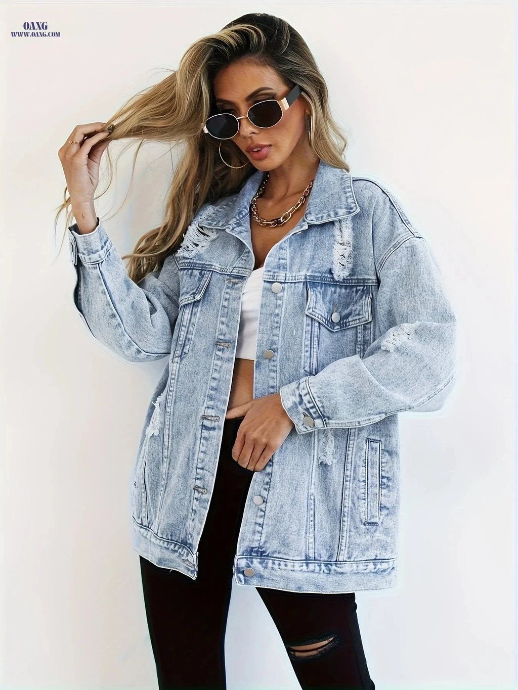 OAXG Plus Size Women's Denim Jacket - Boyfriend Distressed Style   OAXG 